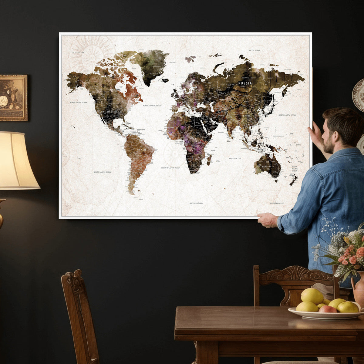 Watercolor World Map Print - Large Wall Art Canvas Print for