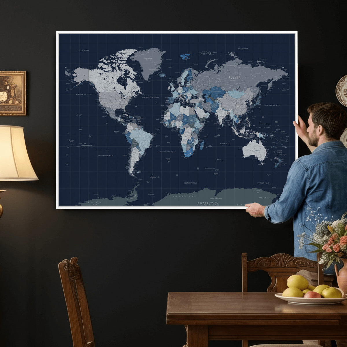 Blue Detailed World Map Wall Art Canvas Print, Modern Framed