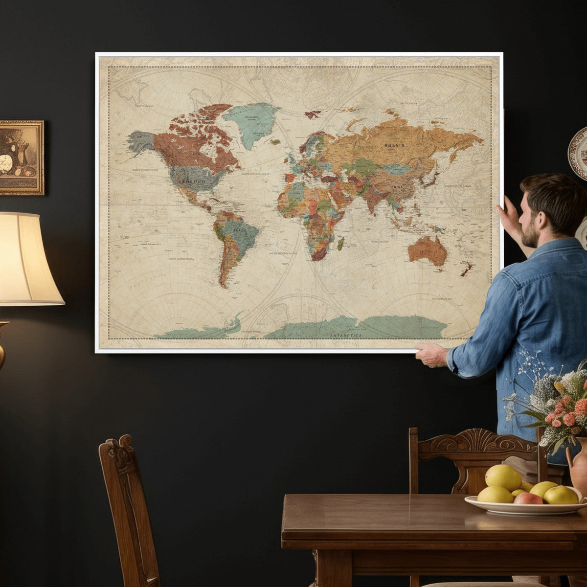 Vintage World Map Canvas Wall Art Print – Framed Modern