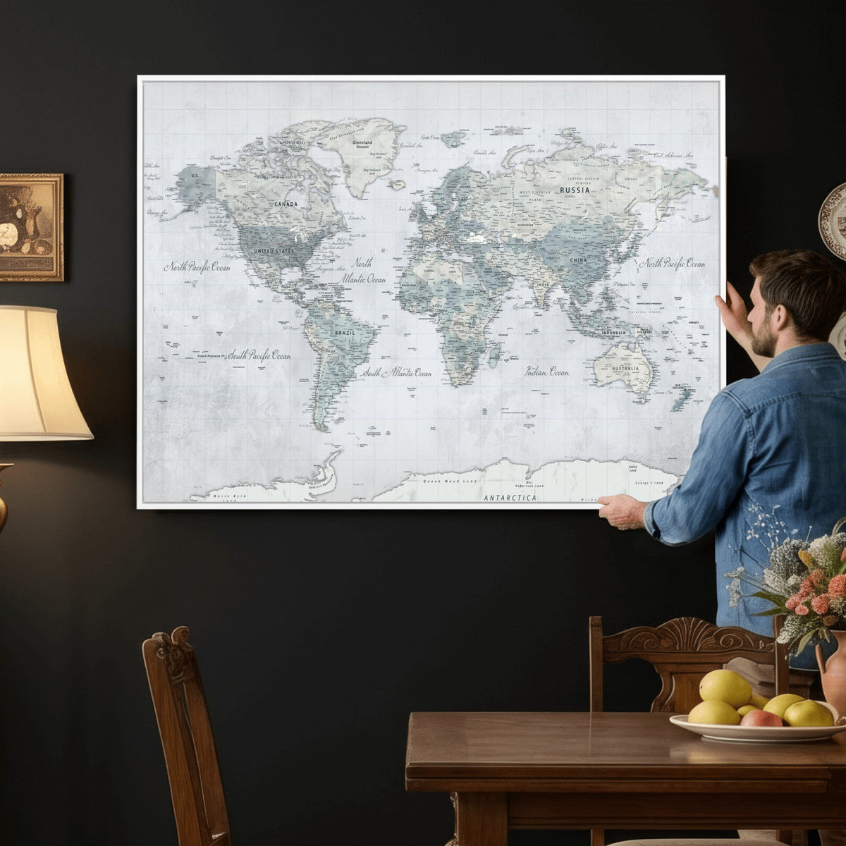 Push Pin World Map Canvas Print - Detailed Vintage World Map