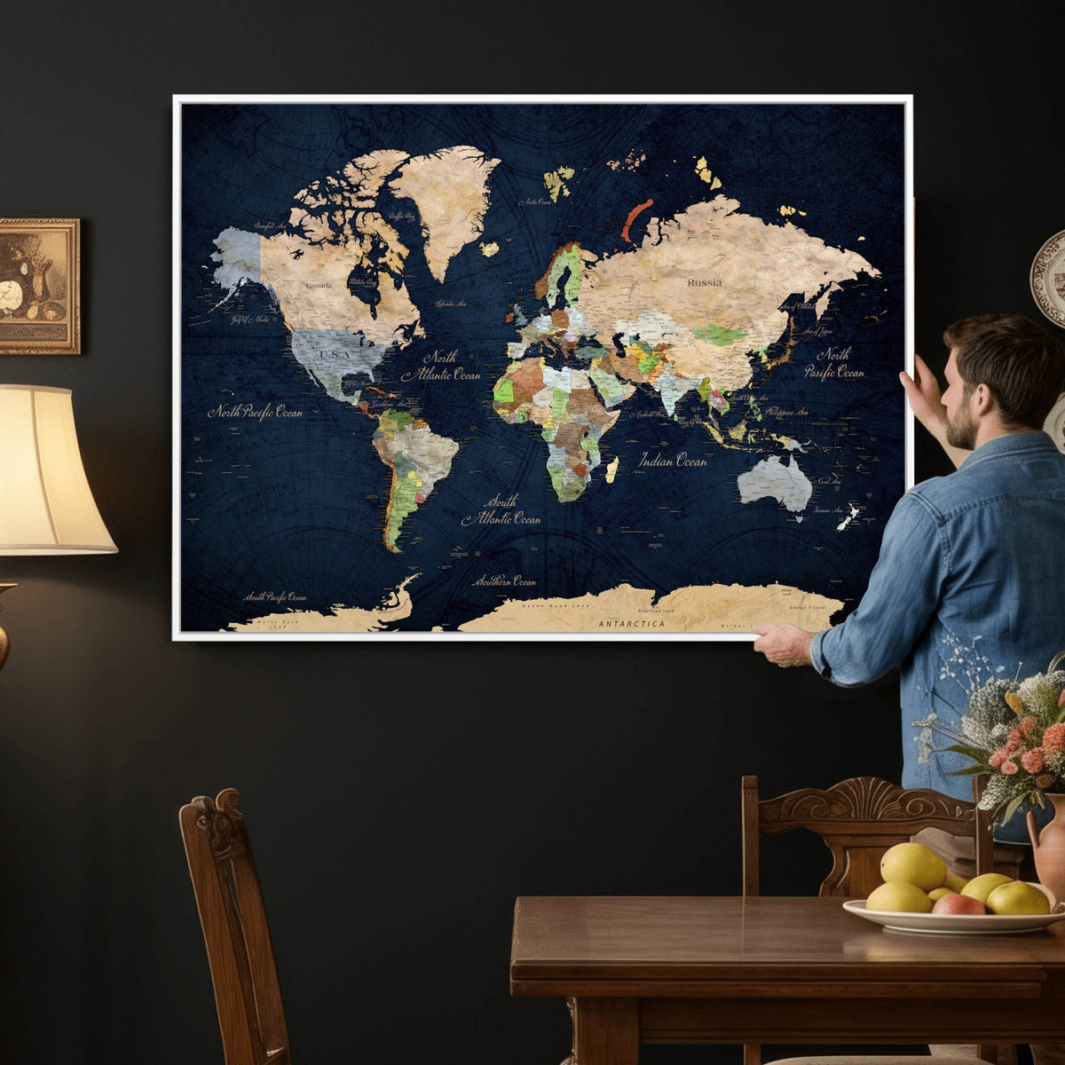 Minimalist World Map Canvas Wall Art - Watercolor Blue and