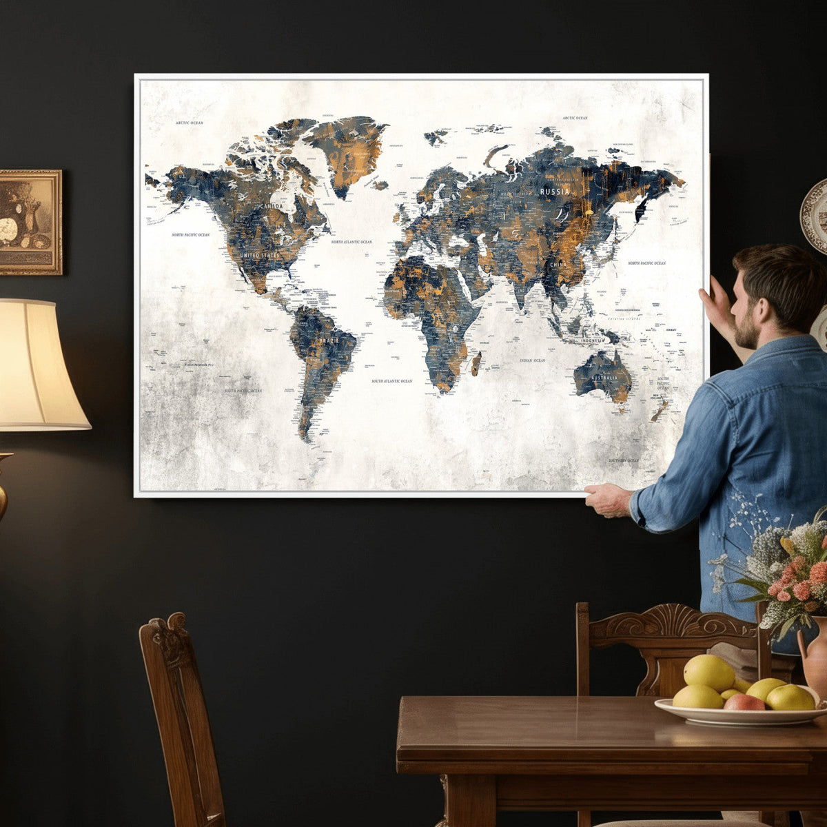 World Map Wall Art Canvas Print for Office Wall Decor