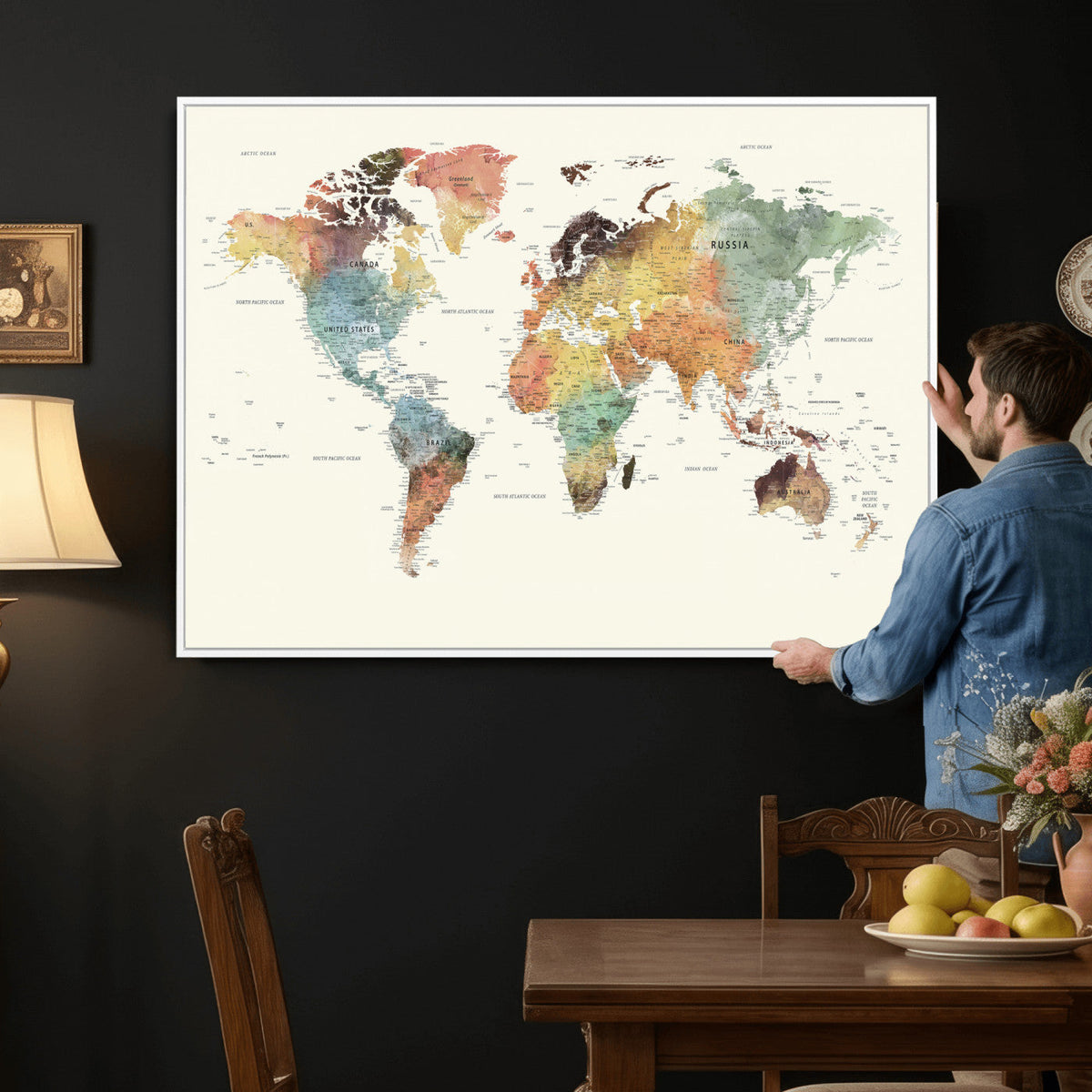 Framed World Map Wall Art Canvas Print for Living Room and