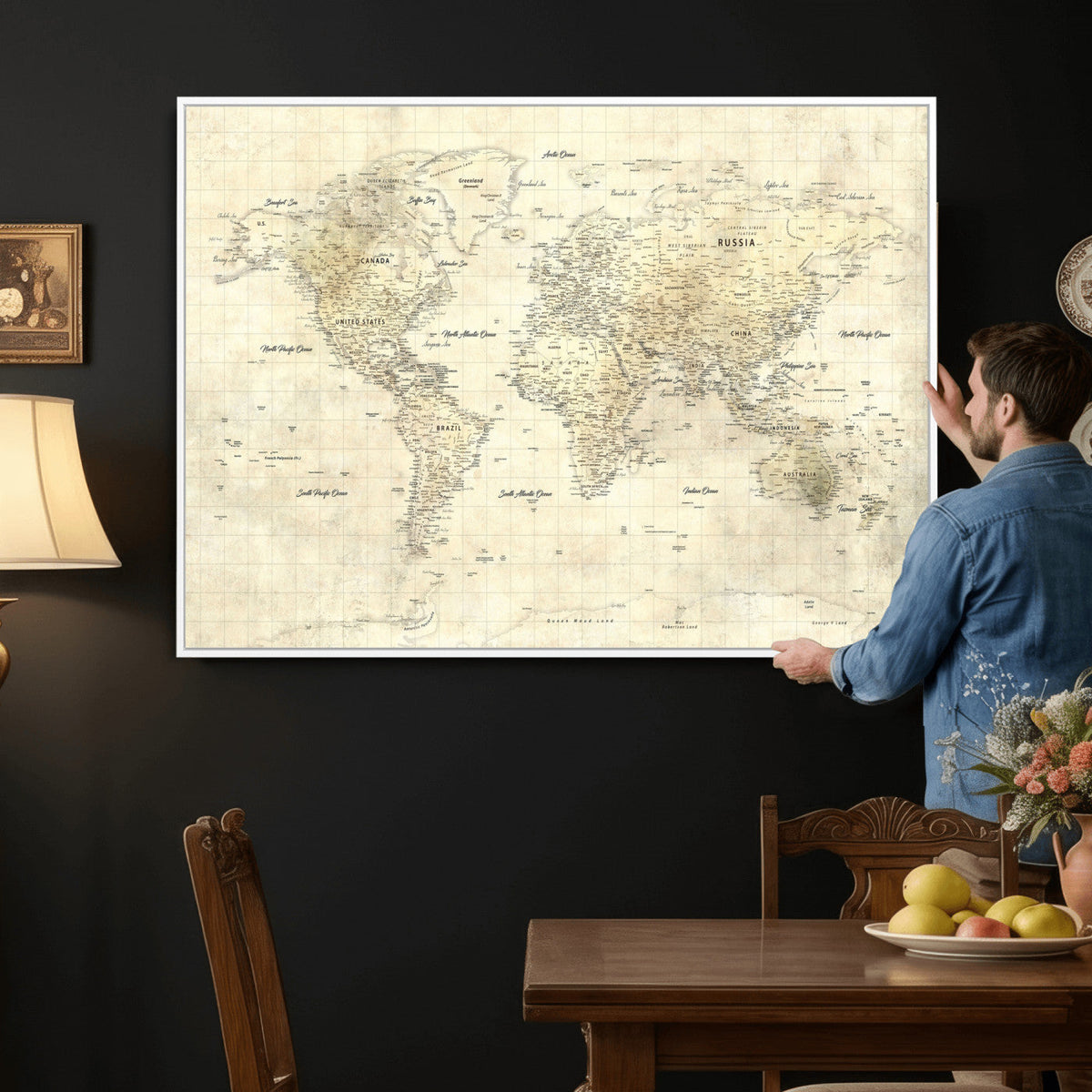 Colorful Watercolor World Map Canvas Wall Art – Framed