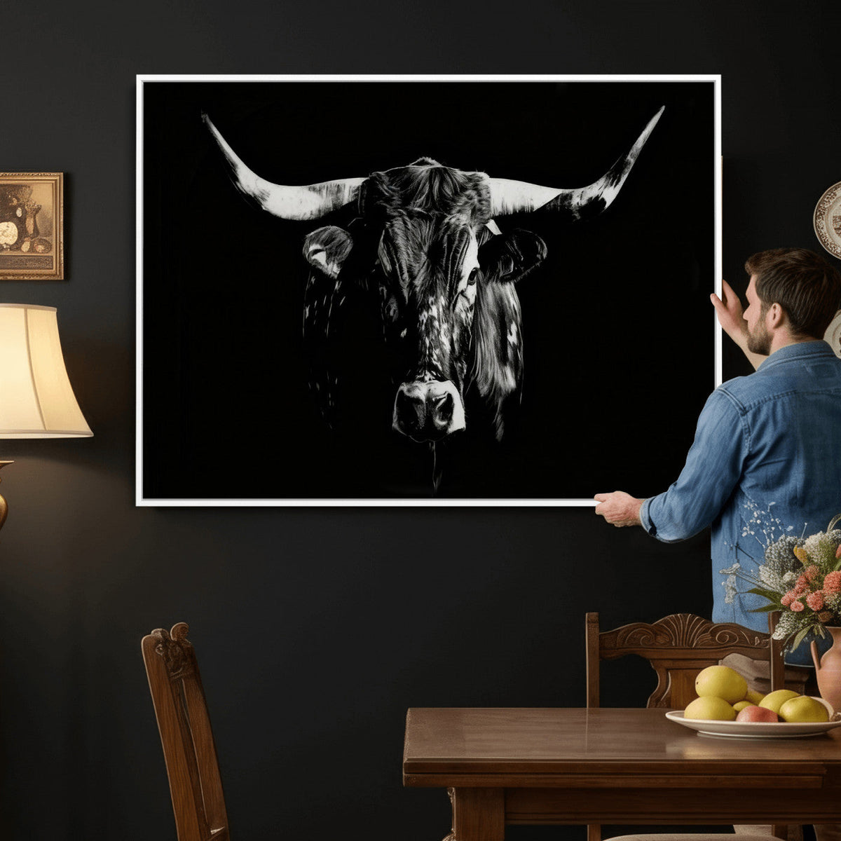 Black Bull Wall Art Canvas Print, Dark Longhorn Portrait