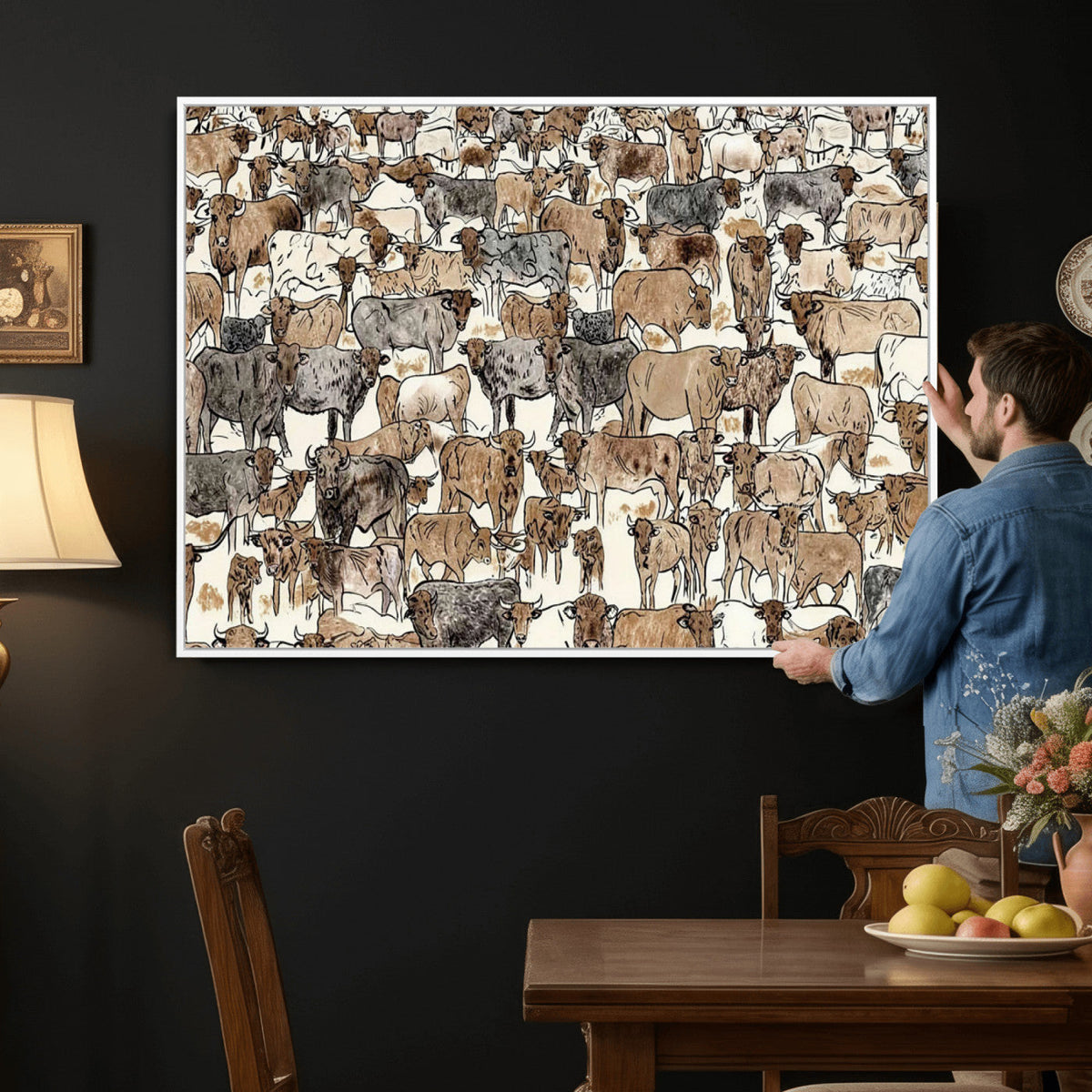 Abstract Longhorn Wall Art Canvas Print - Cow Animal Drawing