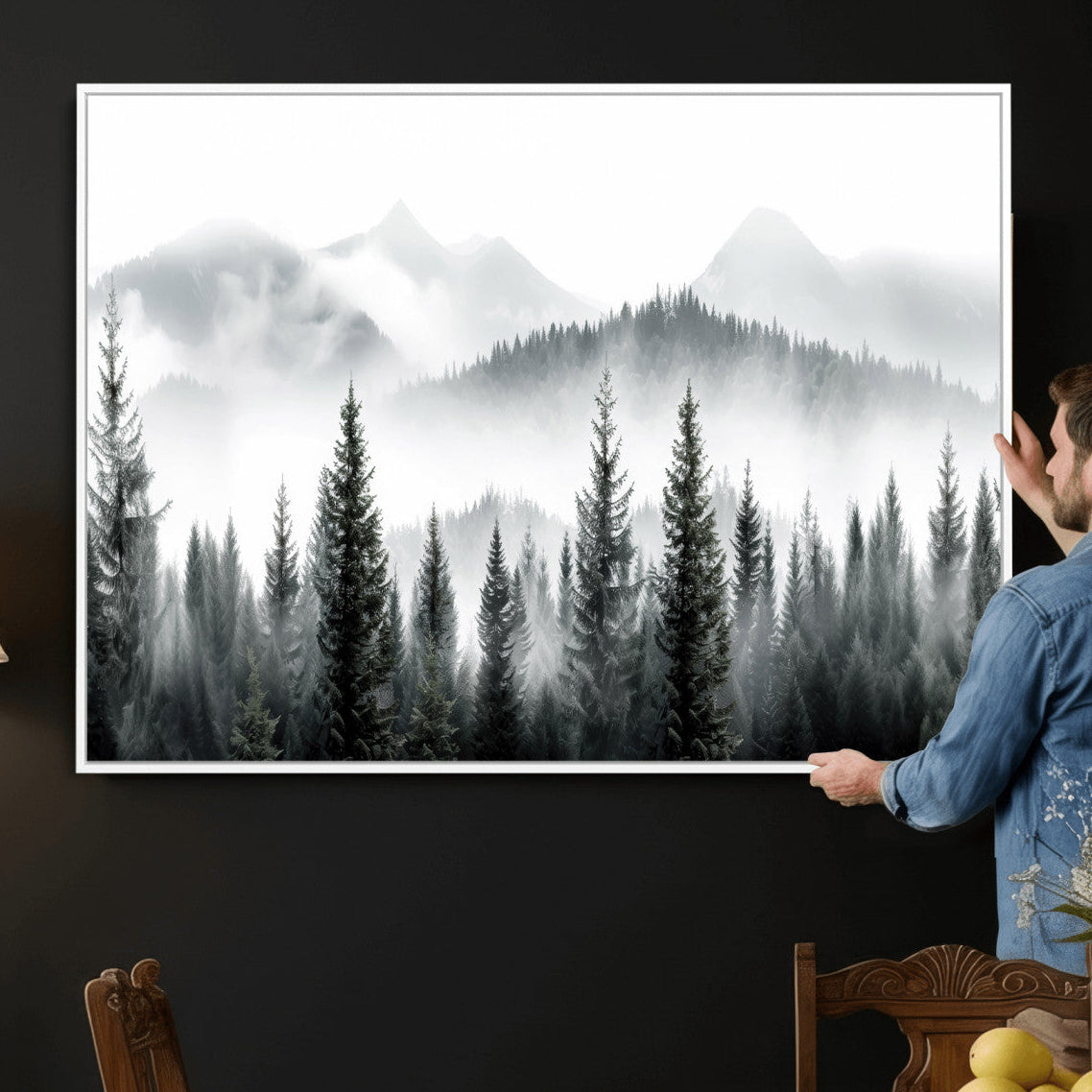 Misty Pine Forest Mountain Landscape Wall Art Canvas Print