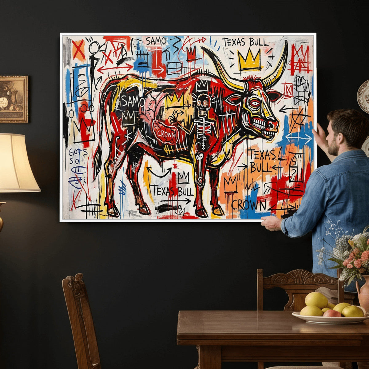 Texas Bull Wall Art Canvas Print, Abstract Graffiti Bull