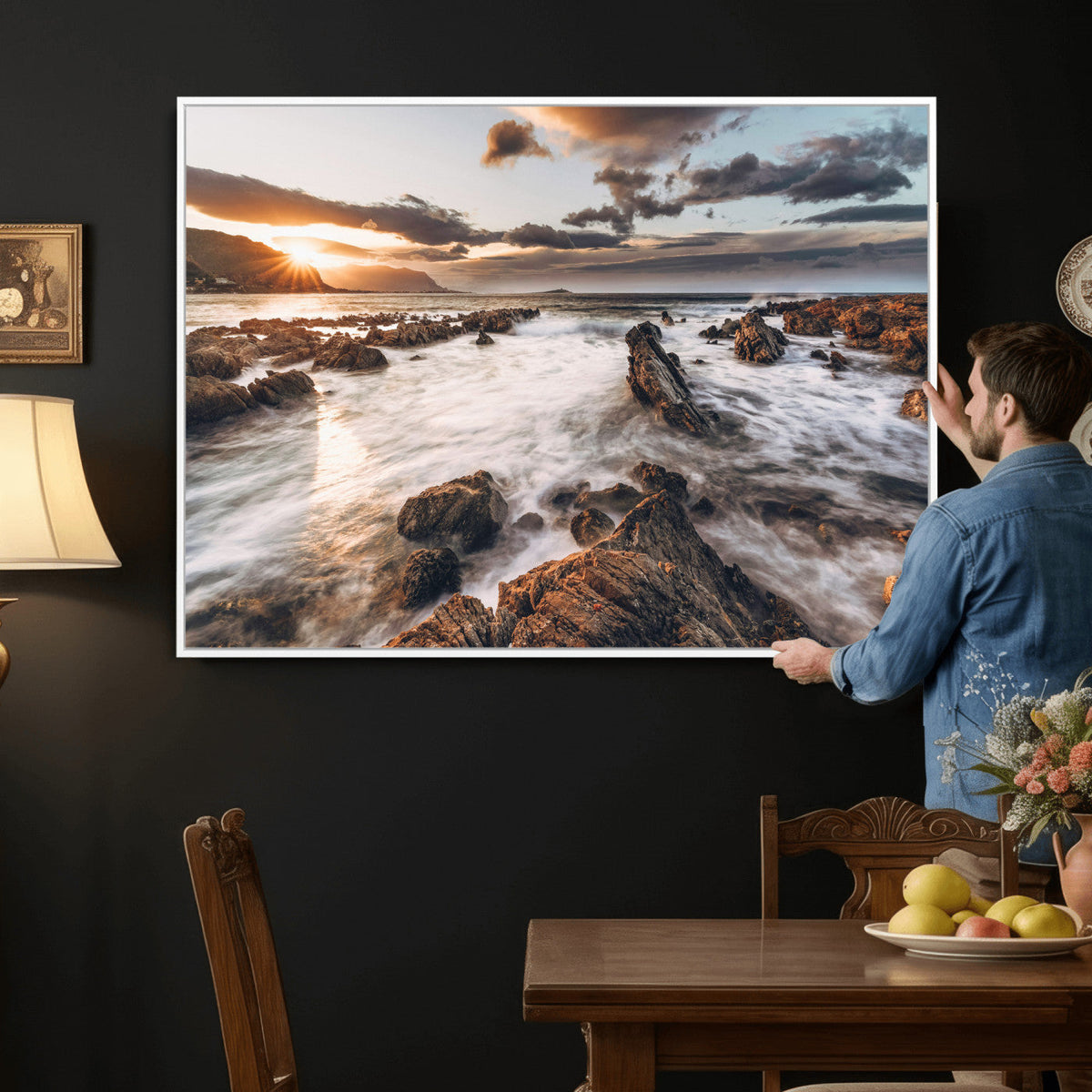 Rocky Coast Ocean Sunset Wall Art Canvas Print, Dramatic