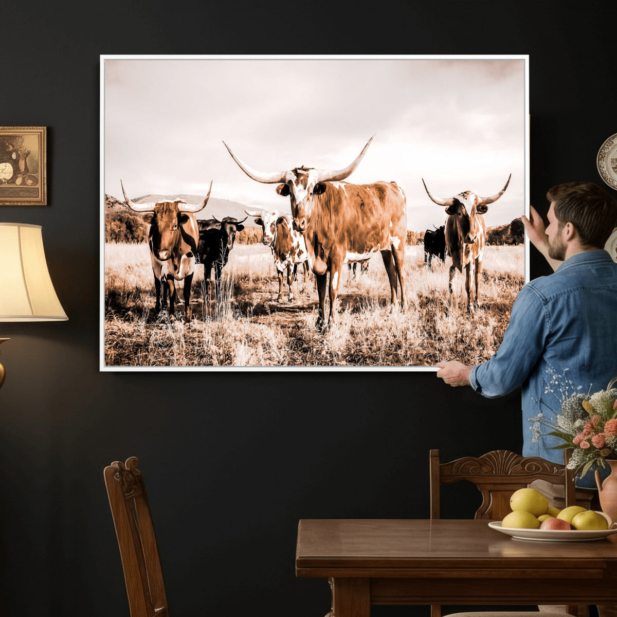 Texas Longhorn Cattle Wall Art Canvas Print, Sepia Western