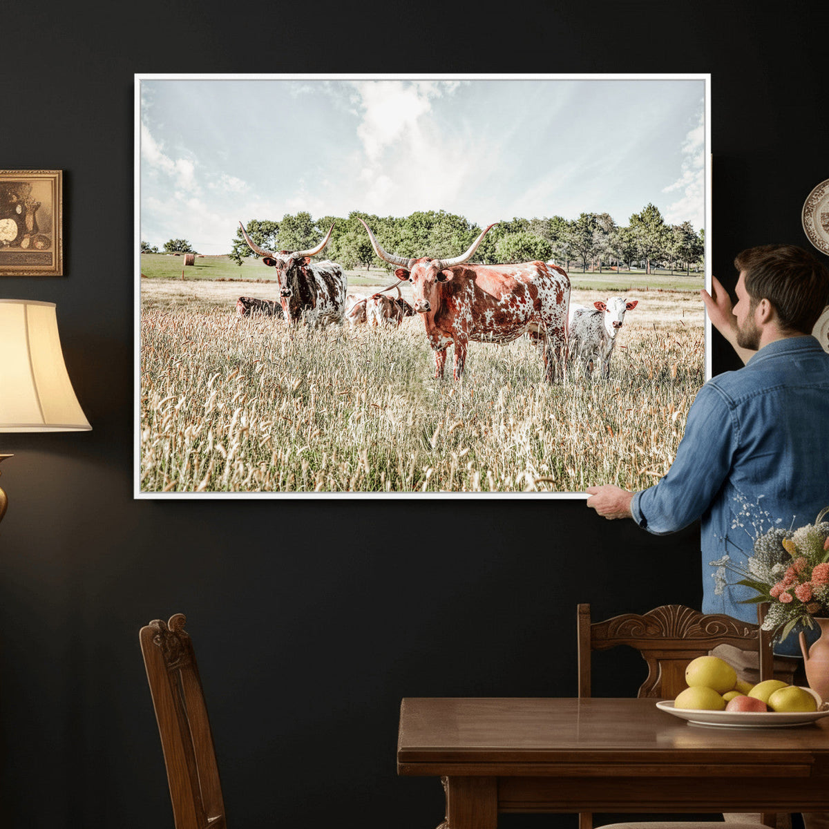 Texas Longhorn Cattle Wall Art Canvas Print, Rustic Ranch