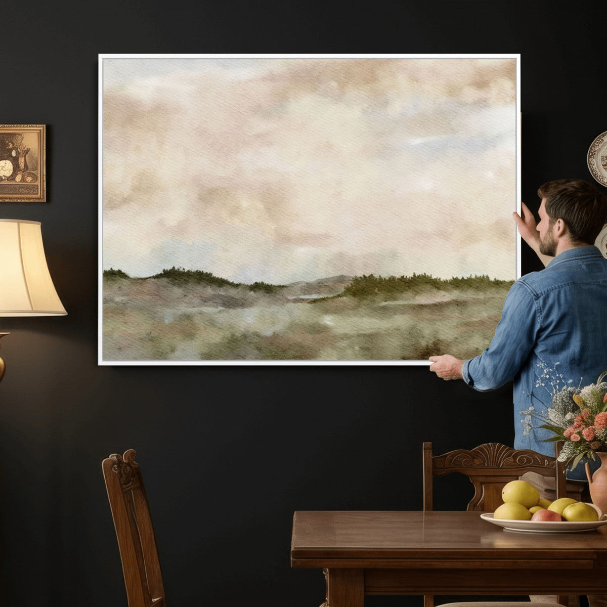 Muted Watercolor Hill Landscape Print — Beige Taupe Cloudy