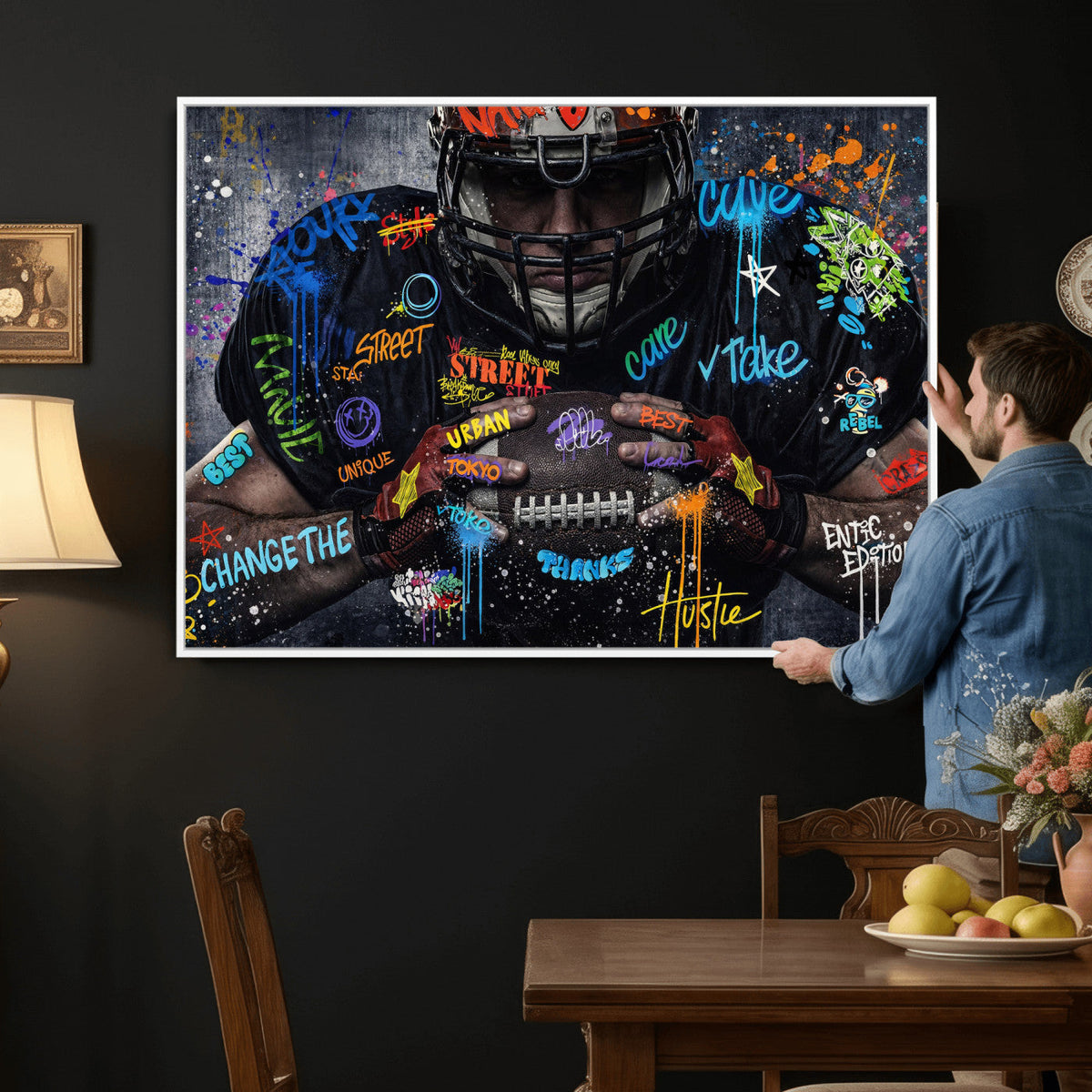 Graffiti American Football Player Street Art Wall Art Canvas