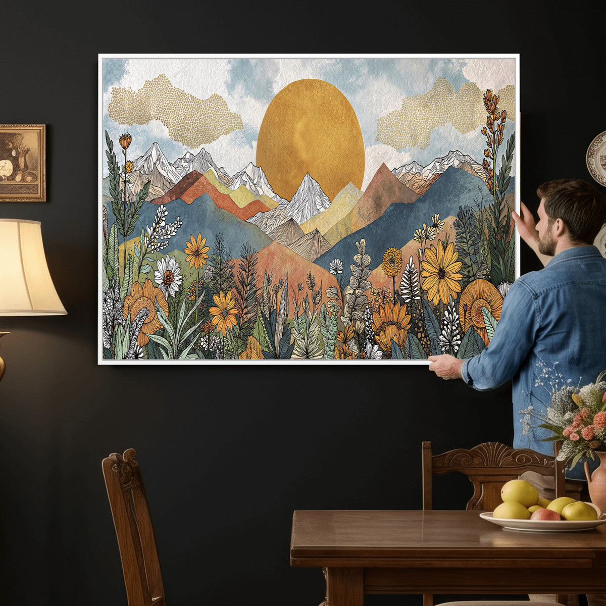 Boho Mountain Landscape Large Wall Art, Horizontal Gold