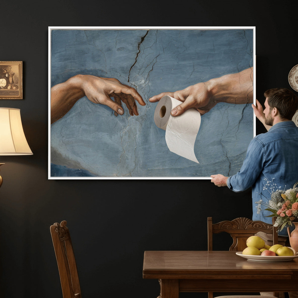 Funny Bathroom Canvas Wall Art, Michelangelo Creation of