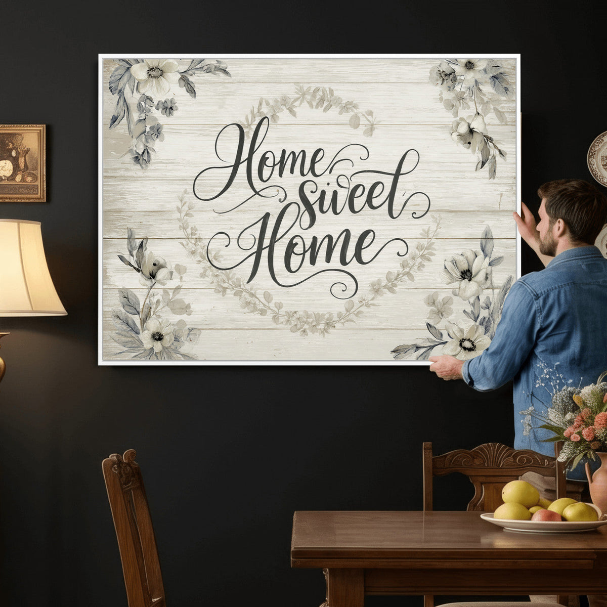 Home Sweet Home Wall Art Canvas Print, Floral Farmhouse