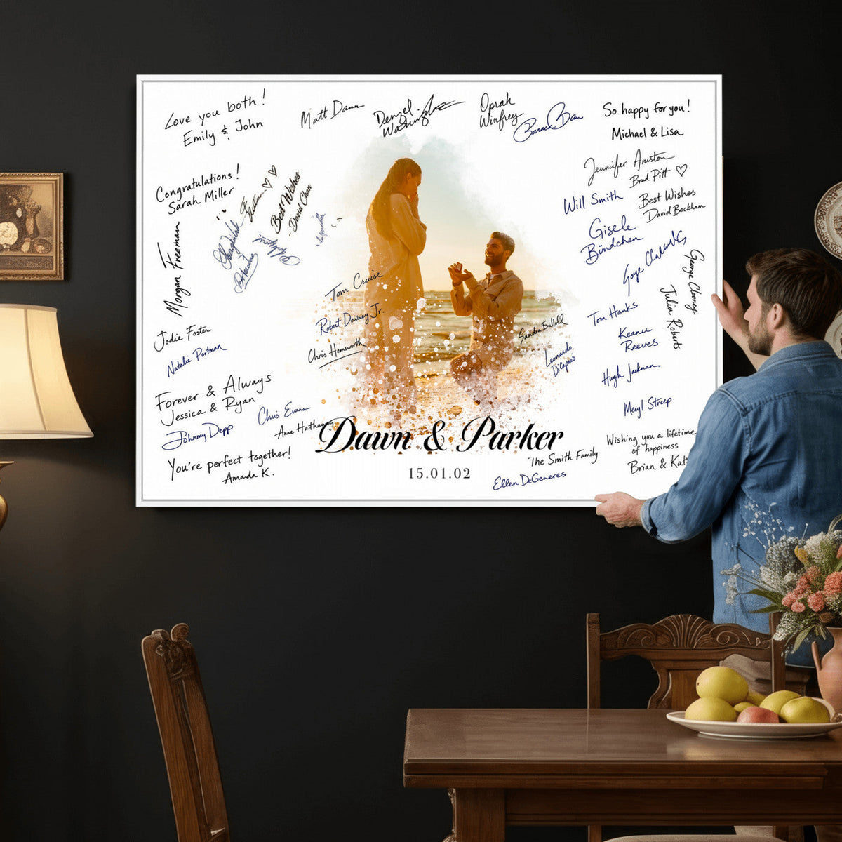 Wedding Guest Book Alternative Wall Art Canvas Print, Personalized Wedding Signature Poster, Custom Couple Photo Guestbook Canvas, Bridal Shower Reception Decor