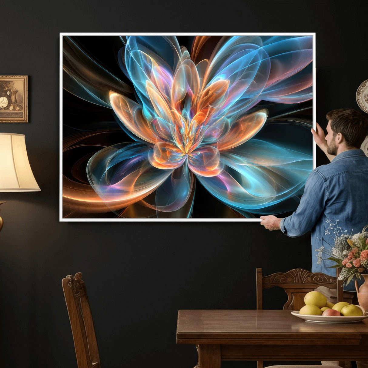 Fractal Lotus Canvas Wall Art, Blue Orange Glowing Flower Abstract Print, Modern Zen Meditation Room Decor, Ethereal Digital Art, Living Room