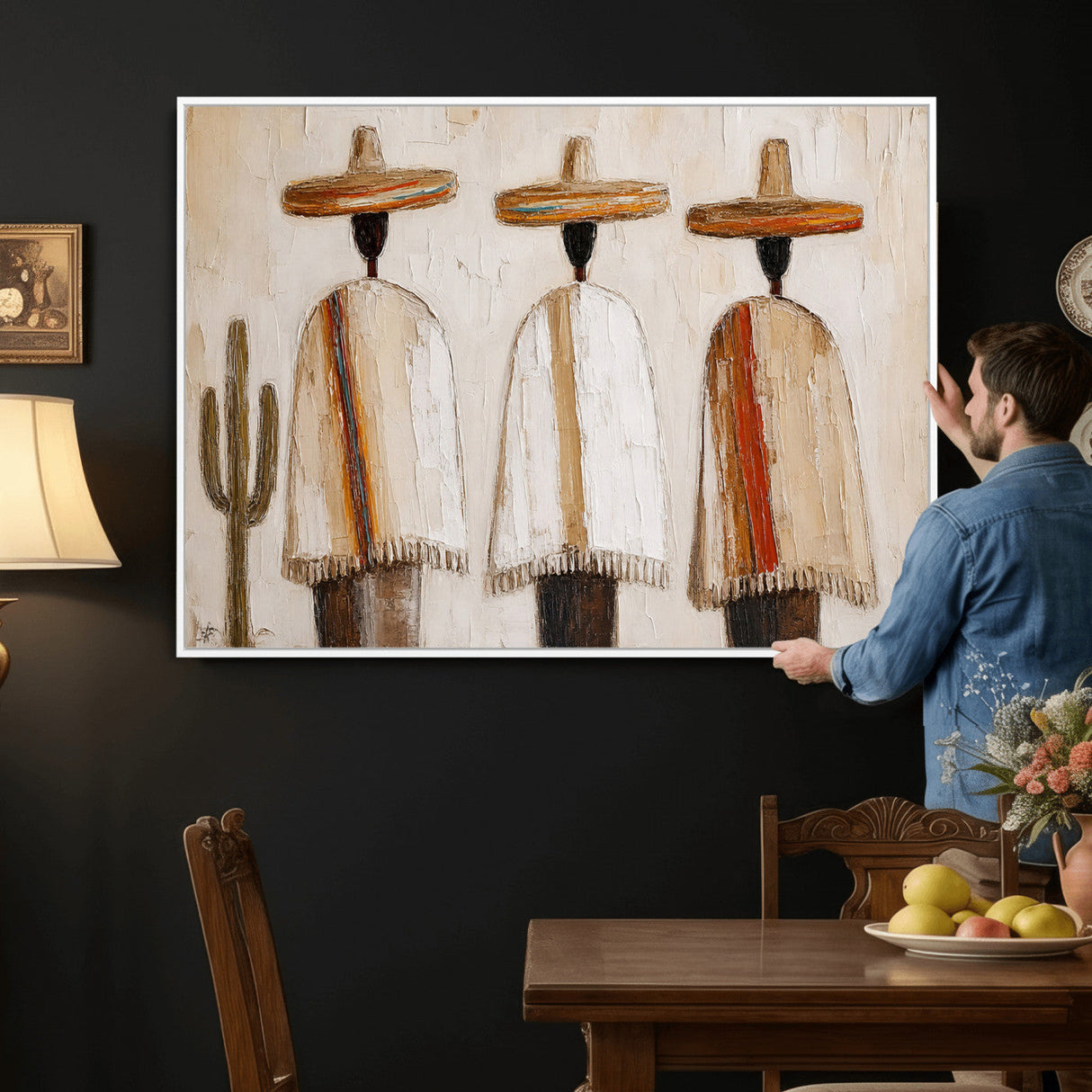 Mexican Wall Art Canvas Print, Southwestern Sombrero Poncho Painting, Neutral Earthy Boho Decor, Fiesta Living Room Art, Impasto Style Print