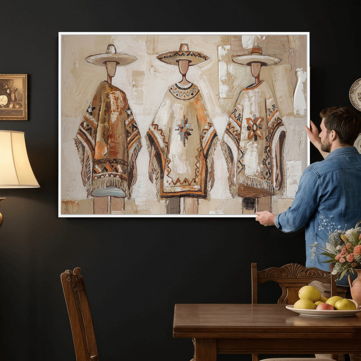 Mexican Folk Art Canvas Wall Art, Charro Poncho Sombrero Painting Print, Neutral Beige Boho Decor, Southwestern Impasto Style, Living Room Art