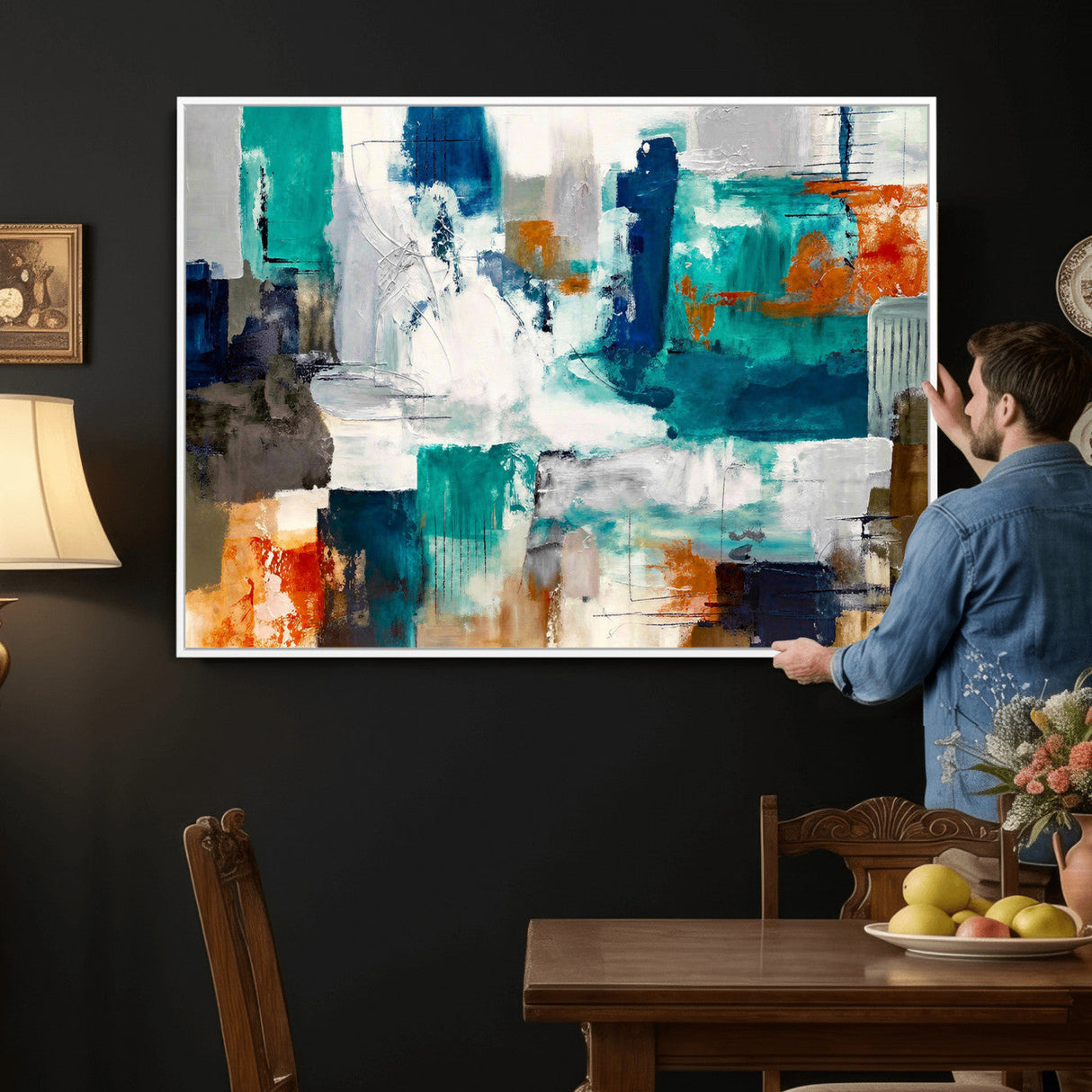 Blue Teal Abstract Canvas Wall Art, Modern Textured Painting Print, Navy Orange White Contemporary Art, Neutral Living Room Decor, Office Art
