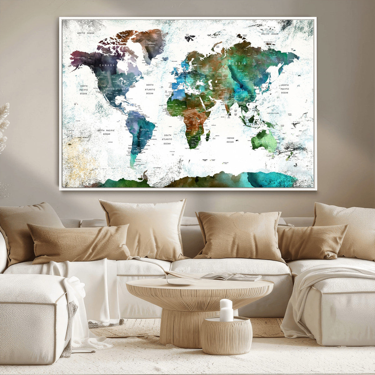 Modern Watercolor World Map Canvas Wall Art – Framed