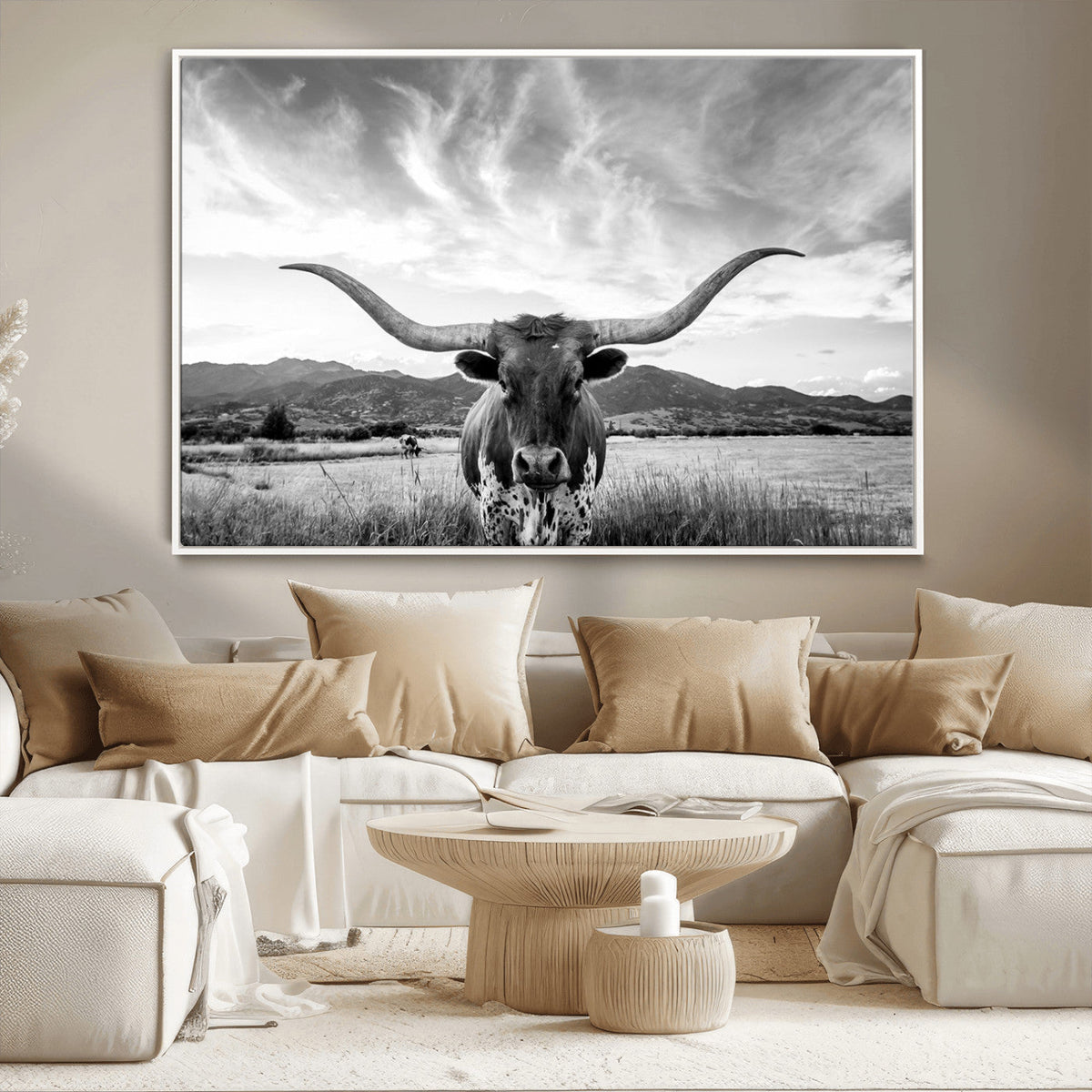 Longhorn Black and White Wall Art – Rustic Western Bull
