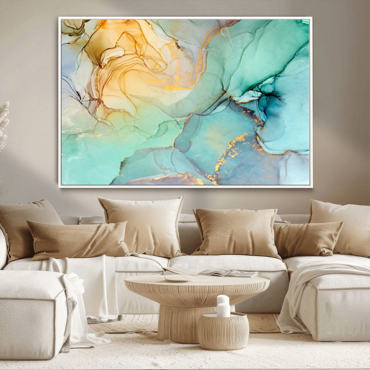Abstract Aqua and Gold Fluid Wall Art Canvas | 3 Panel Large