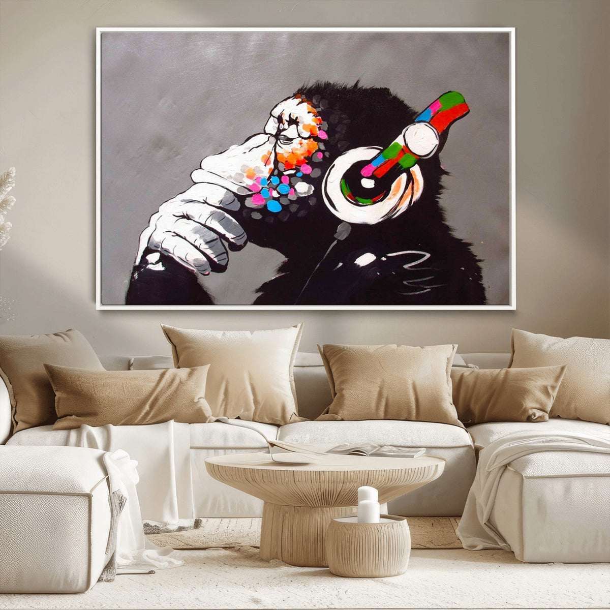 Dj Monkey Listening to Music Wall Art Print | Banksy Monkey