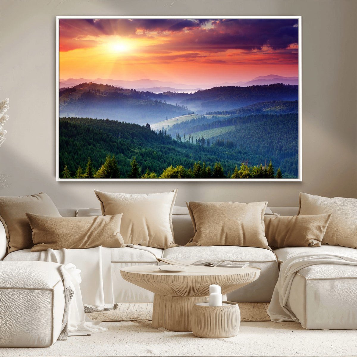 Beautiful Sunset over Hills Forest Landscape Canvas Wall Art