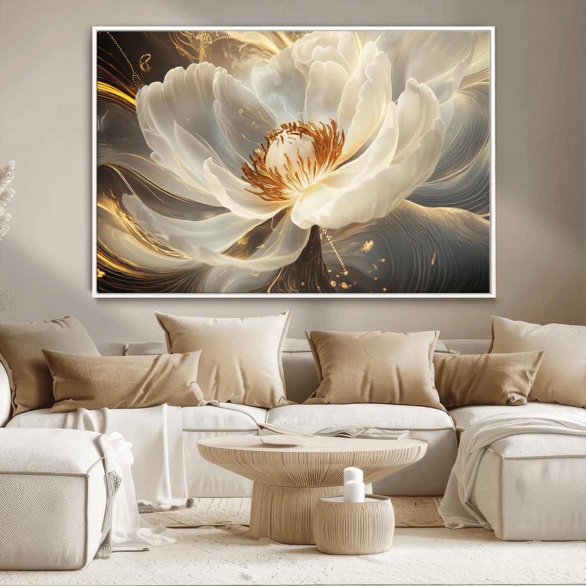 Gold Floral Wall Art Canvas Print, Framed Modern Flower Art