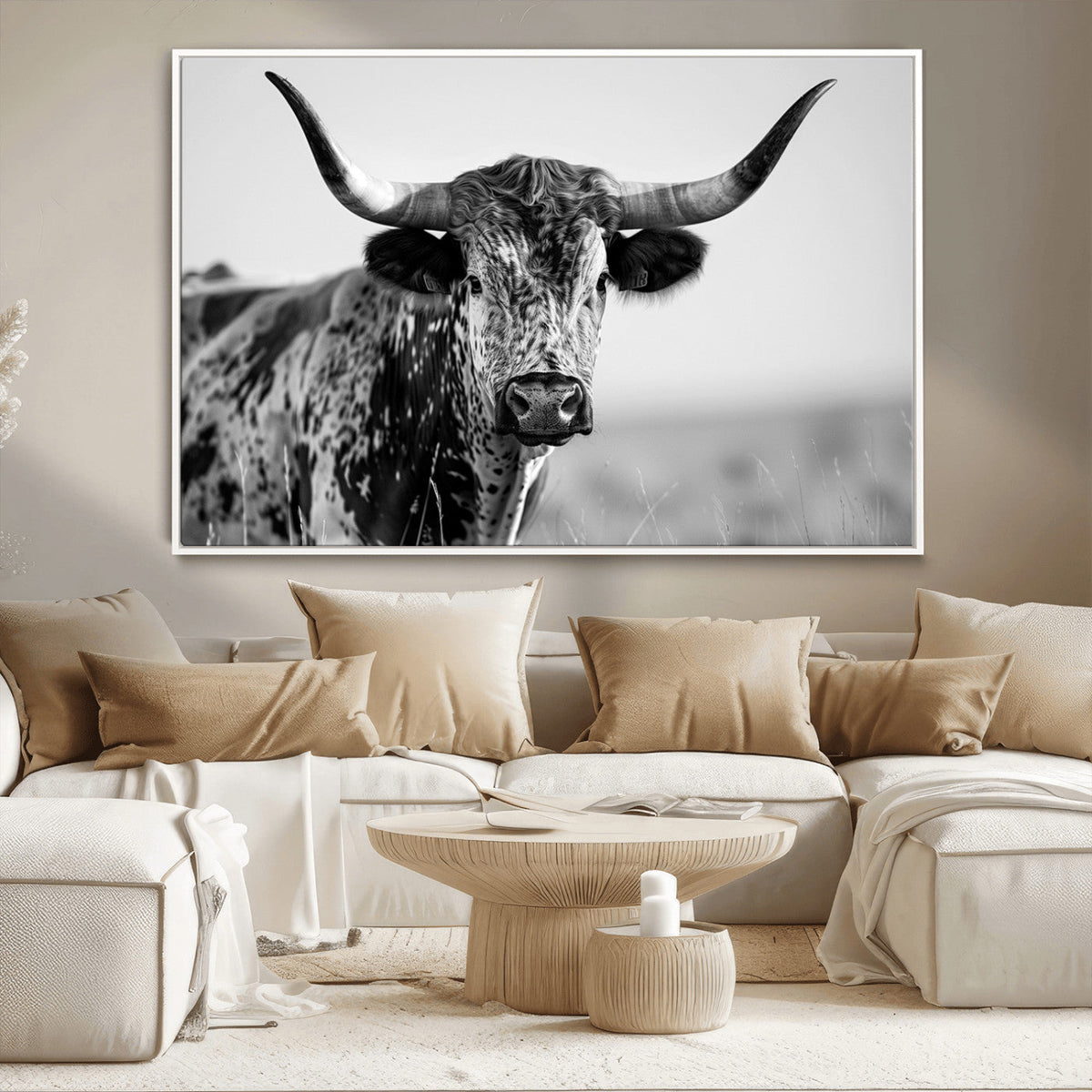 Texas Highland Cow Longhorn Canvas Print - Rustic Farmhouse