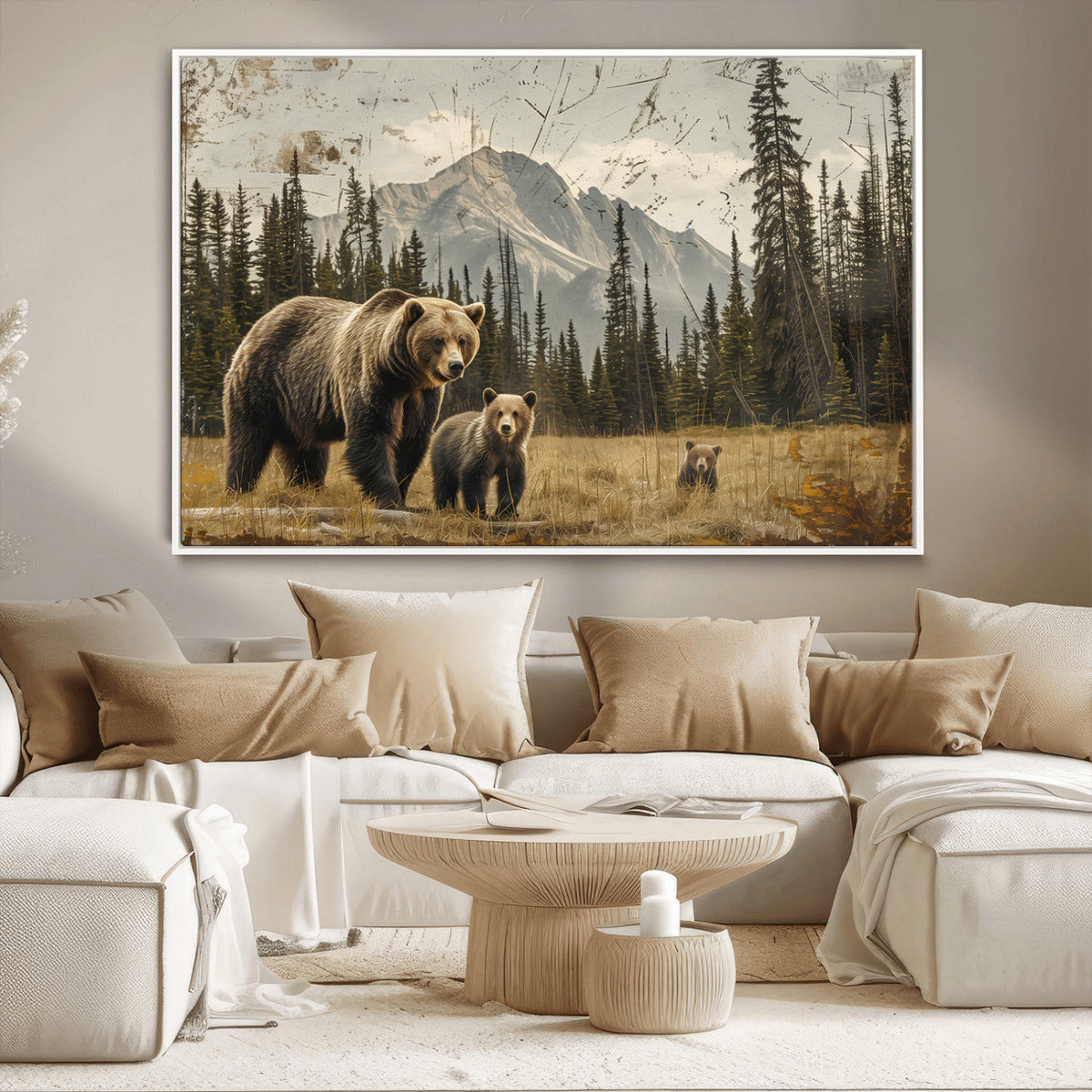 Rustic Grizzly 399 Bear Family Wall Art Canvas Print
