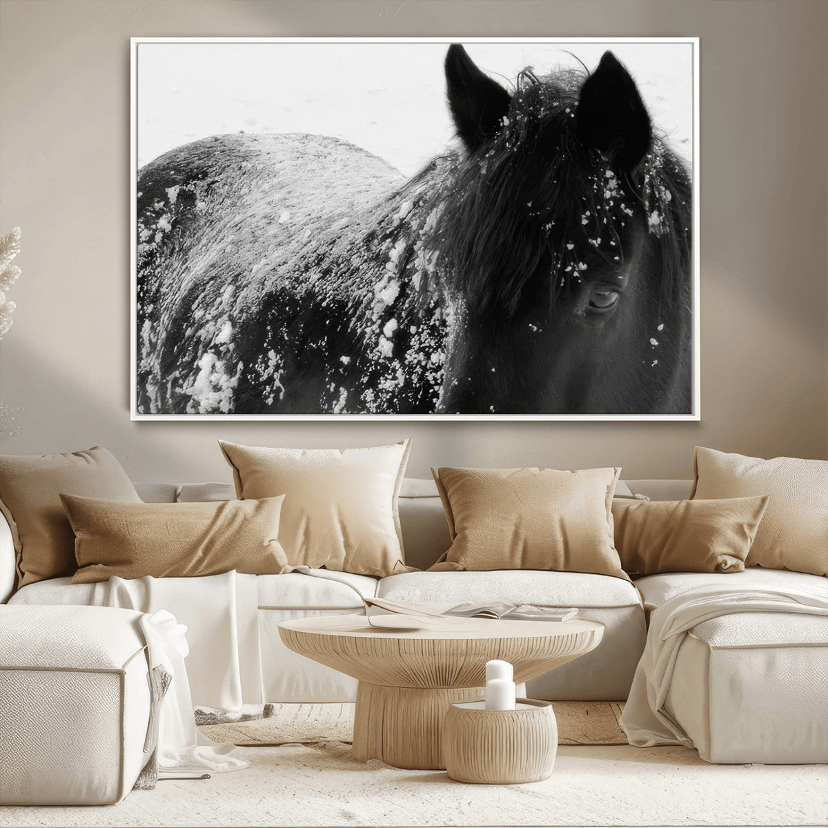 Black Horse in Snow Canvas Print | Winter Horse Wall Art |