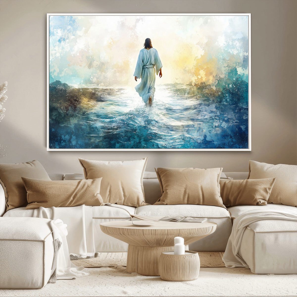 Watercolor Jesus Walking on Water Canvas Print, Christian