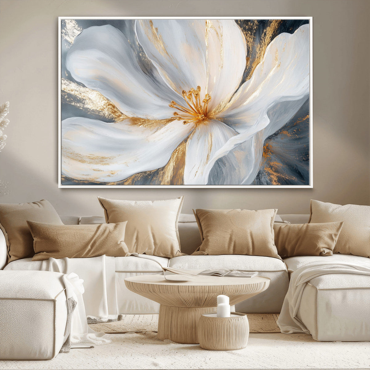 White and Gold Floral Canvas Wall Art - Framed and Ready to