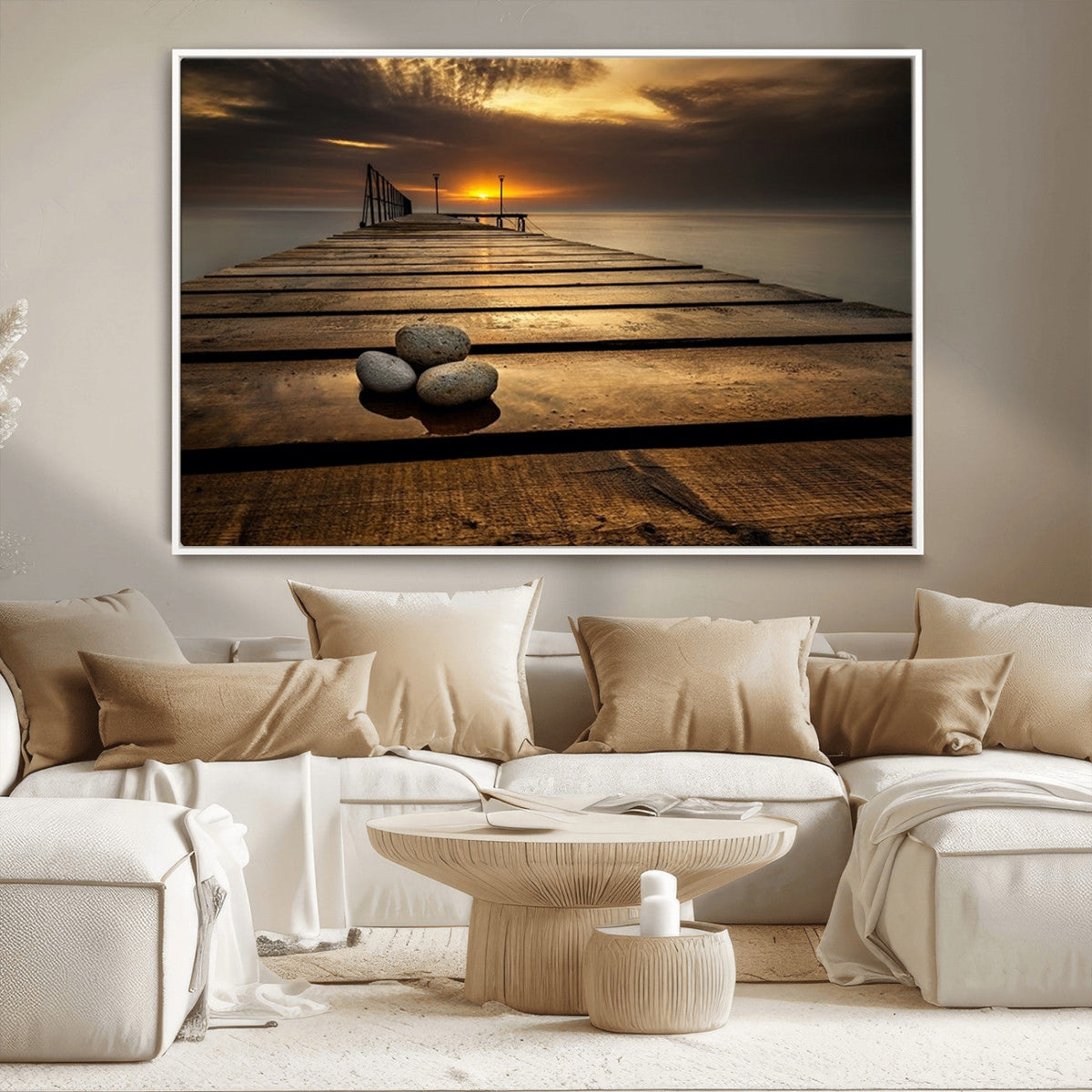 Stones on Wooden Pier at Sunset Canvas Print, Serene Coastal