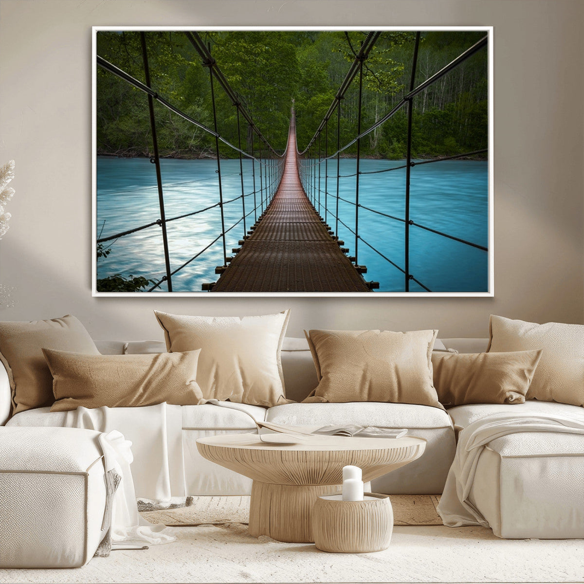 Suspension Bridge Over River Canvas Art | 3-Panel Nature