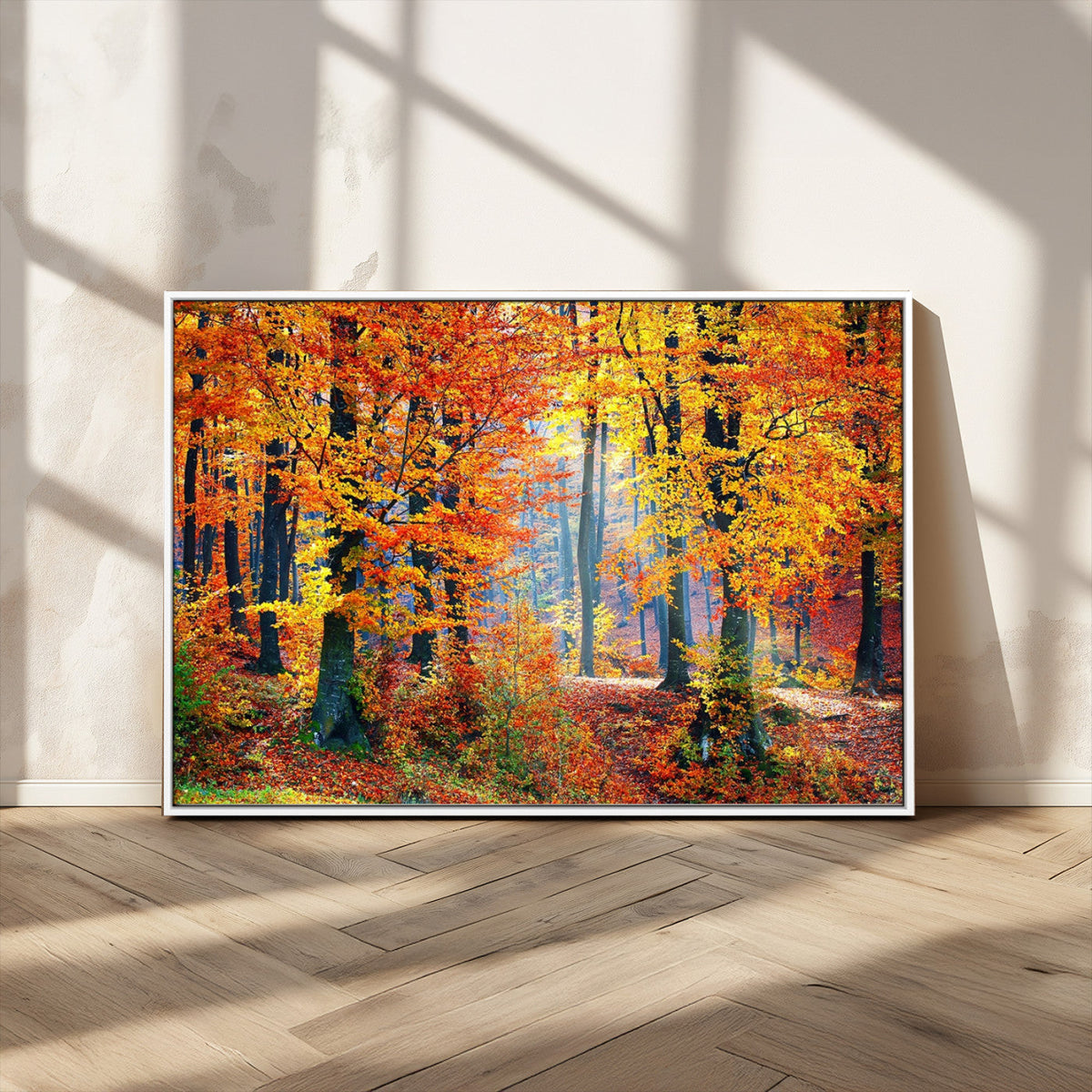 Autumn Red Forest Triptych Canvas Wall Art Print, Forest