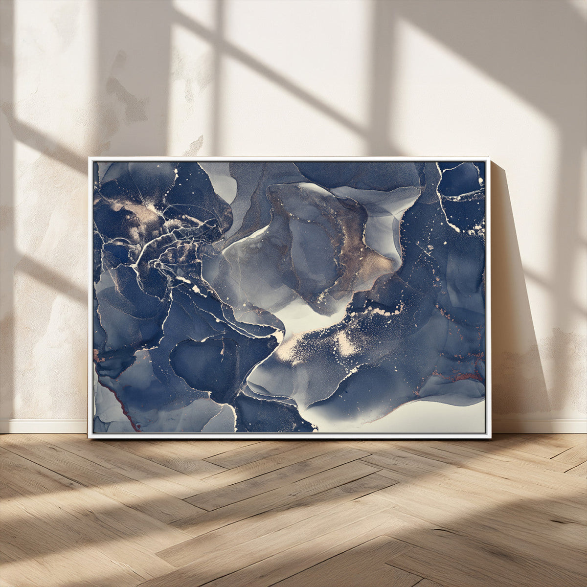 Large Abstract Blue and Gold Canvas Wall Art Fluid Ink