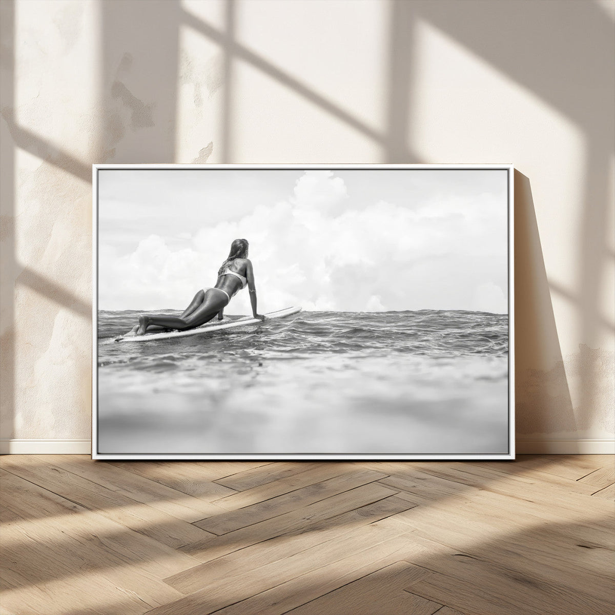 Black and White Surfing Wall Art Canvas Print – Framed Ocean