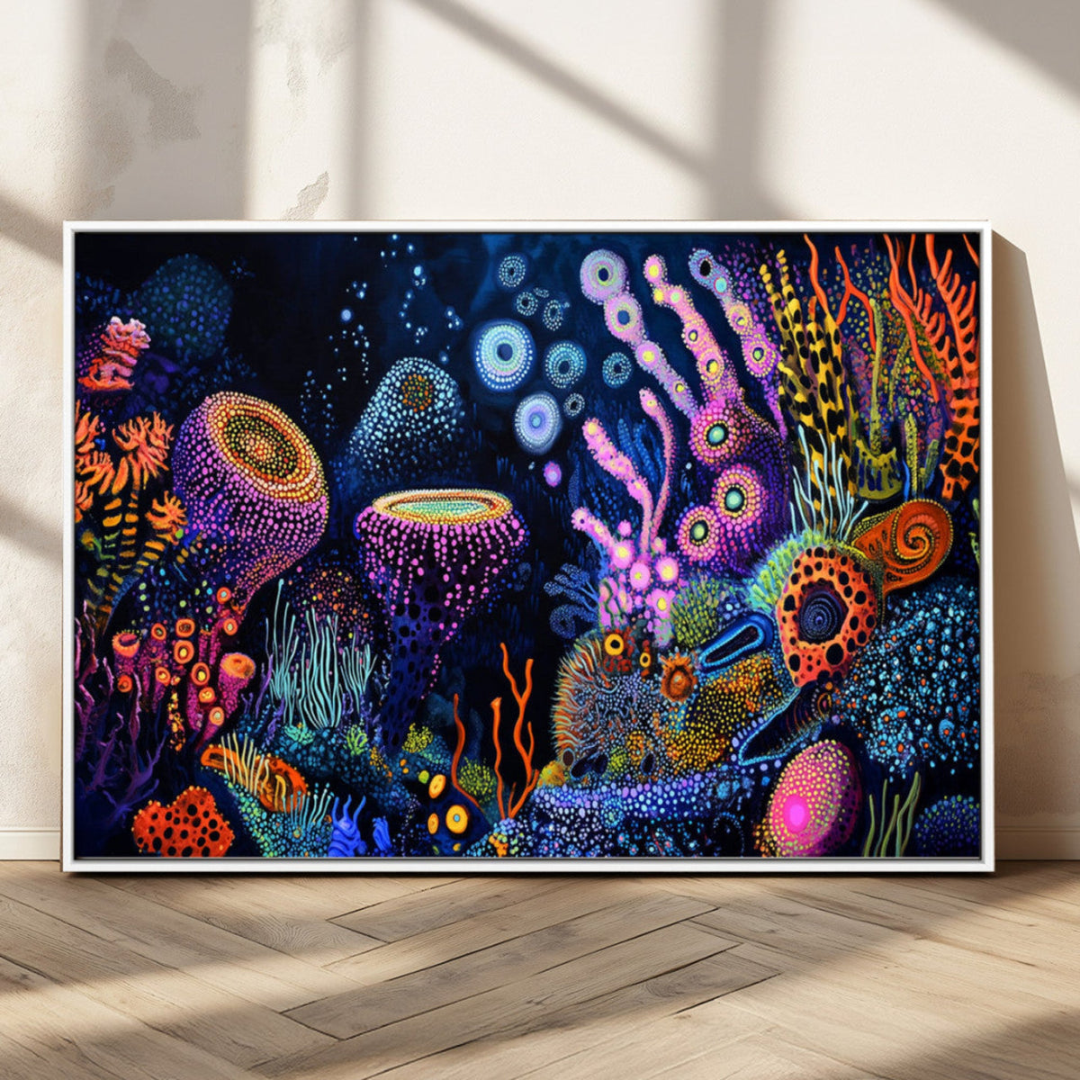 Vibrant Neon Coral Reef Wall Art Canvas Print, Colorful