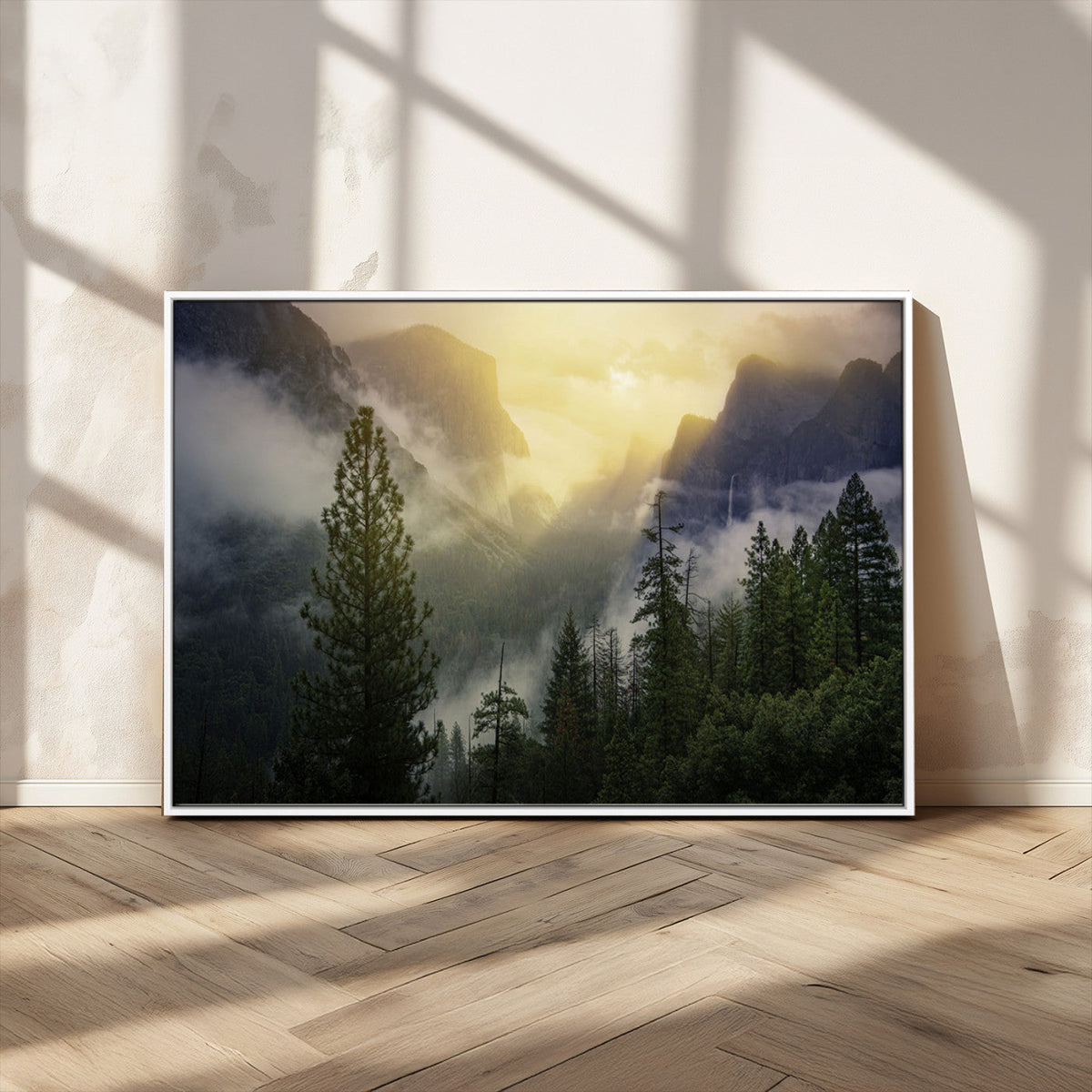 Misty Mountain Valley Wall Art Canvas Print, Golden Sunrise