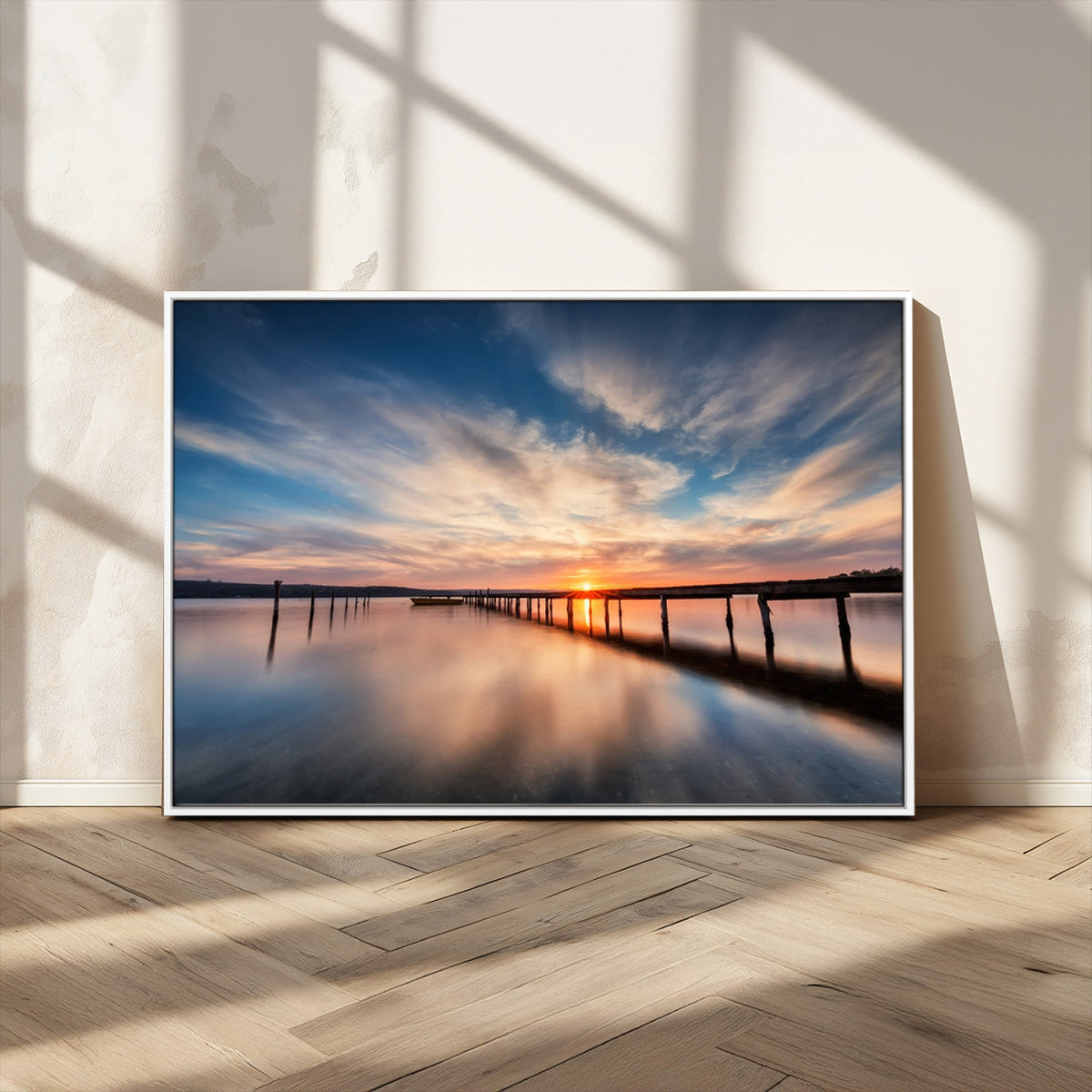 Wooden Pier on Seascape and Sunset Wall Art Canvas Print