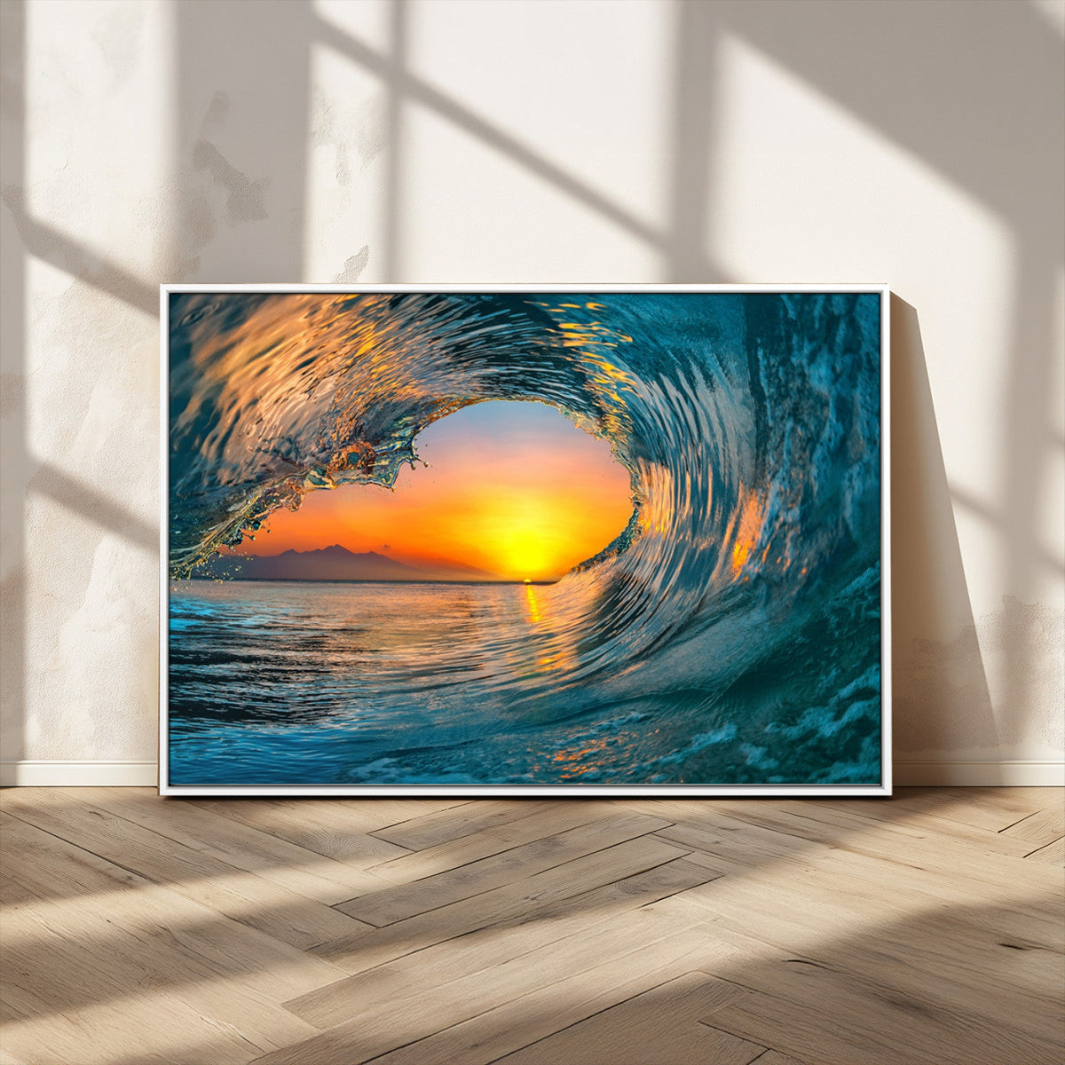 Ocean Wave Sunset Wall Art | Large Coastal Wave Canvas Print