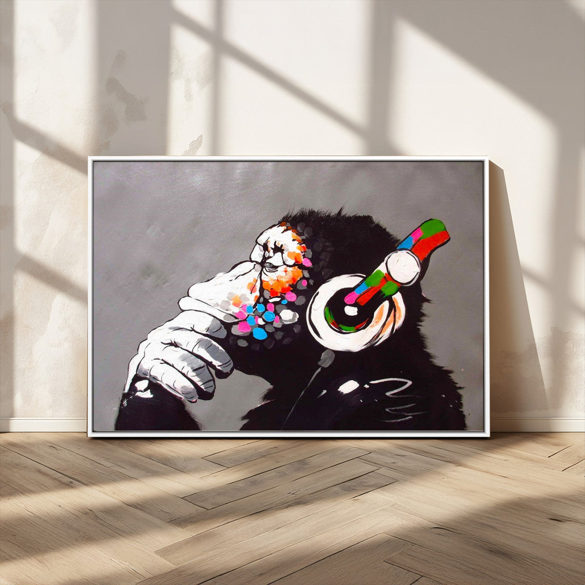 Dj Monkey Listening to Music Wall Art Print | Banksy Monkey