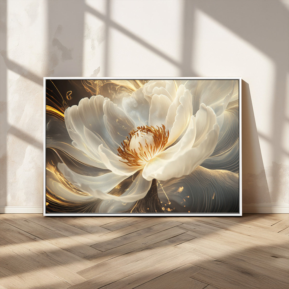 Gold Floral Wall Art Canvas Print, Framed Modern Flower Art