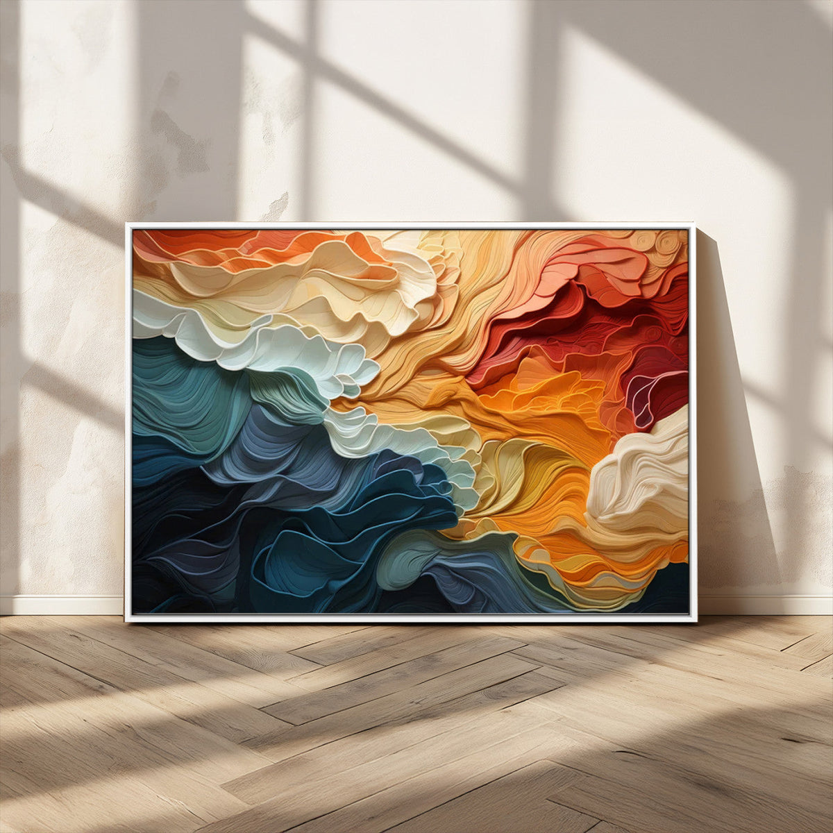Blue Orange Abstract Wave Wall Art Canvas Print, Framed Blue