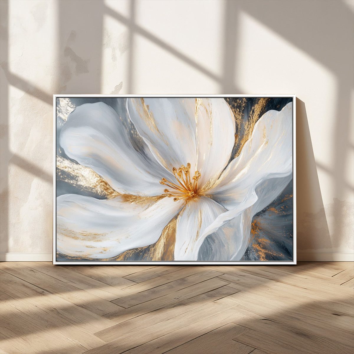 White and Gold Floral Canvas Wall Art - Framed and Ready to