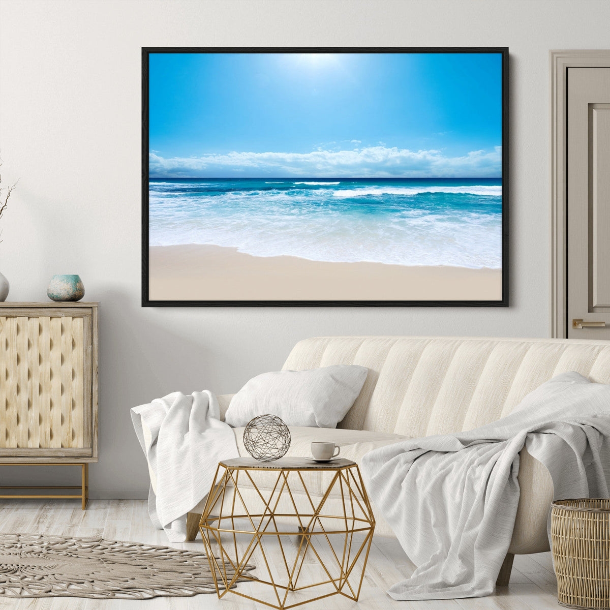 Wall Art Canvas Print Shiny Blue Sea and Beach